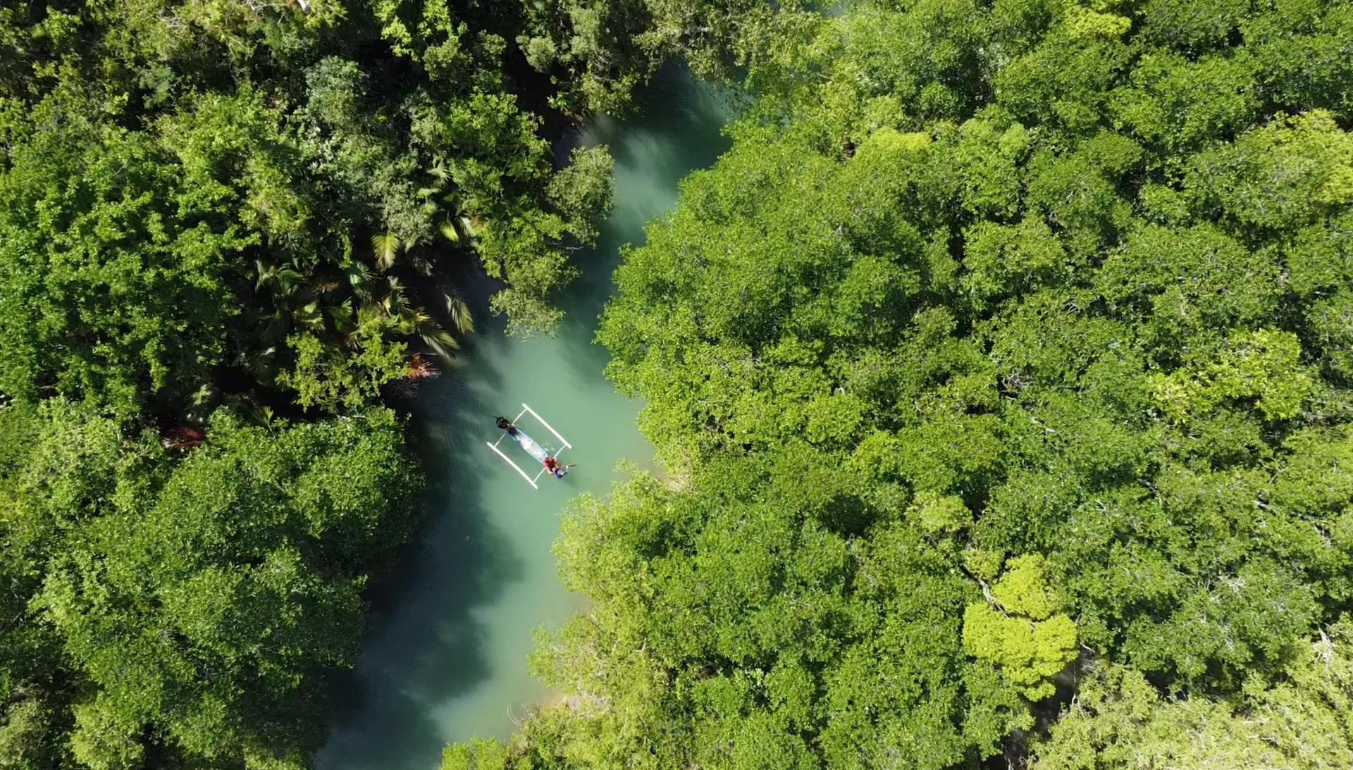 Outrigger canoe paddled along a turquoise river winding through dense rainforest